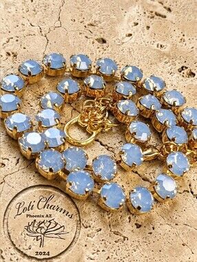 Light Blue Sapphire Opal Swarovski Crystals In Classic Gold Plated Necklace